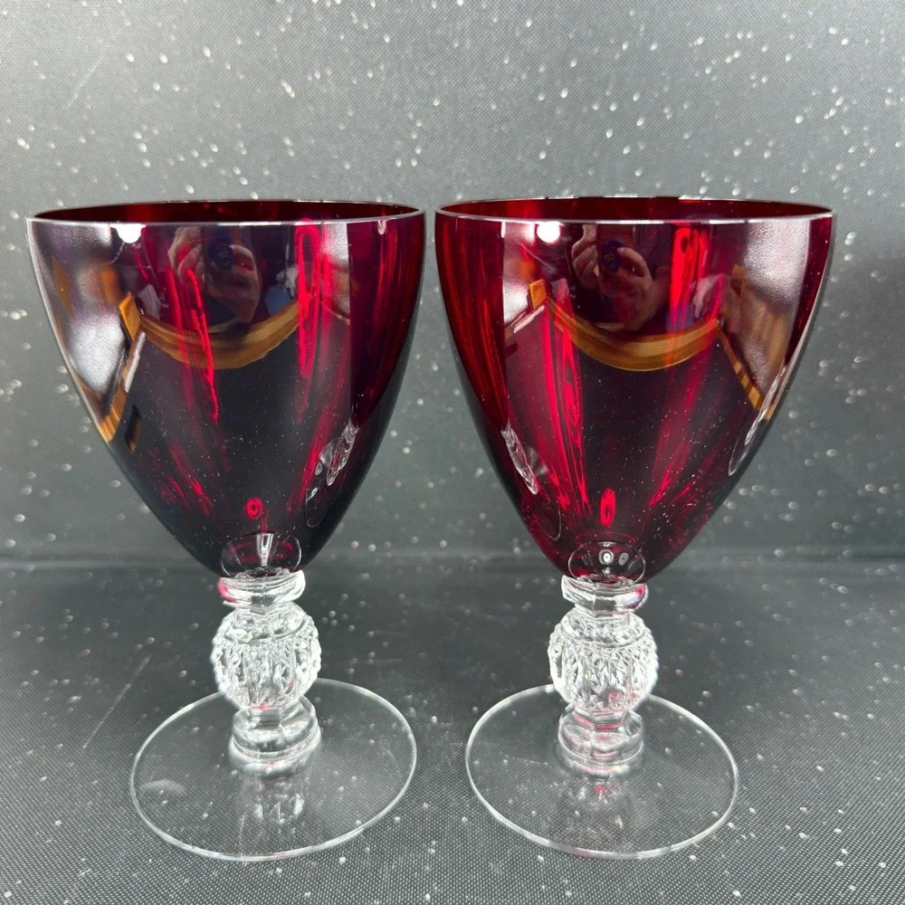 Morgantown Golf Ball Ruby Red Water Goblets Clear Stem Vintage Glassware Set 2